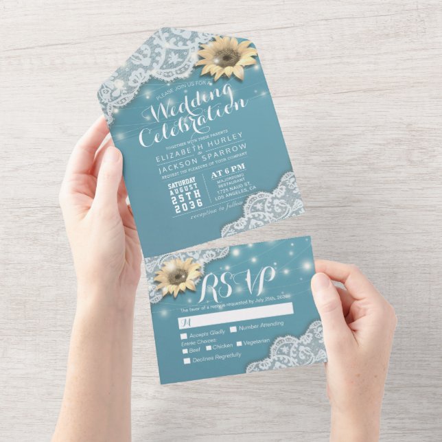 Elegante Sonnenblumen Spitzenlichter Hochzeit RSVP All In One Einladung (Abreißen)