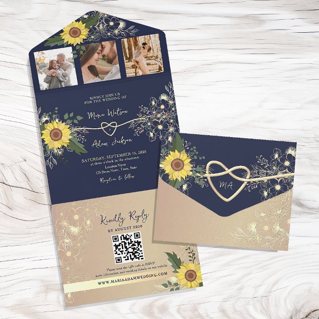 Elegante Sonnenblumen und Blauer Hochzeitsempfang All In One Einladung (Von Creator hochgeladen)