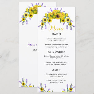 Elegante Sonnenblumen- und Lavendel-Blumenhochzeit Menükarte