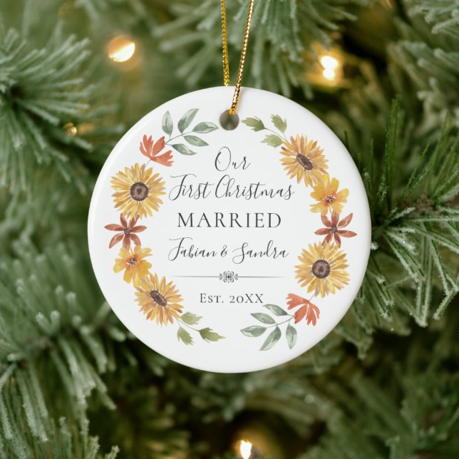 Elegante Sonnenblumen Unser erstes Weihnachtsfest  Keramik Ornament (Baum)