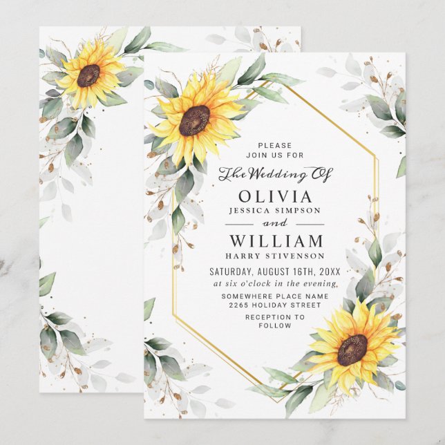 Elegante Sonnenblumen Watercolor Grüne Hochzeit Einladung (Vorne/Hinten)