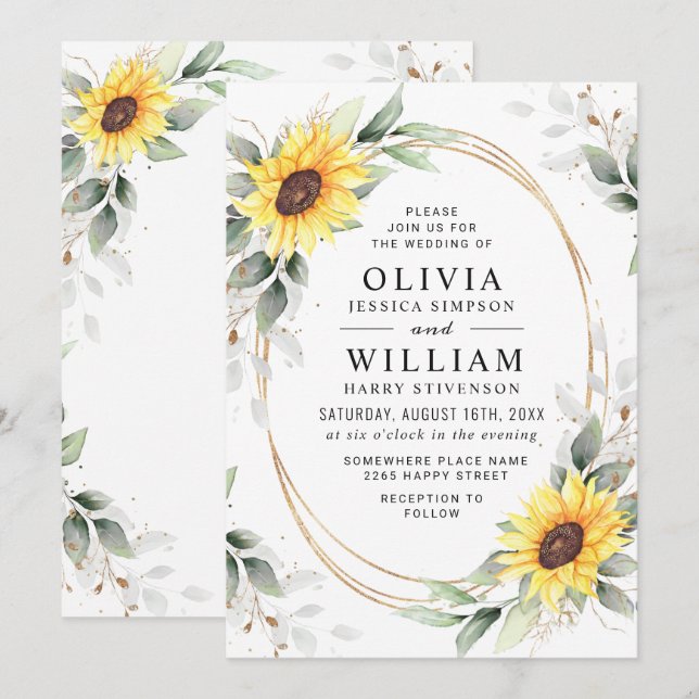 Elegante Sonnenblumen Watercolor Grüne Hochzeit Einladung (Vorne/Hinten)