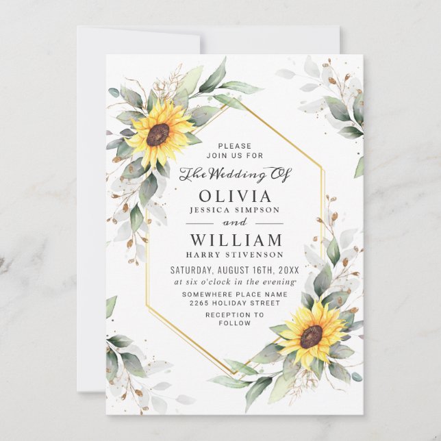 Elegante Sonnenblumen Watercolor Grüne Hochzeit Einladung (Vorderseite)