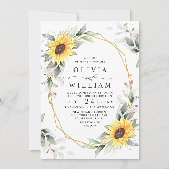 Elegante Sonnenblumen Watercolor Grüne Hochzeit Einladung (Vorderseite)