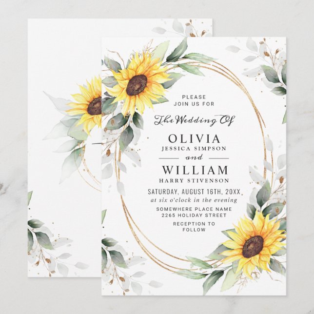 Elegante Sonnenblumen Watercolor Grüne Hochzeit Einladung (Vorne/Hinten)