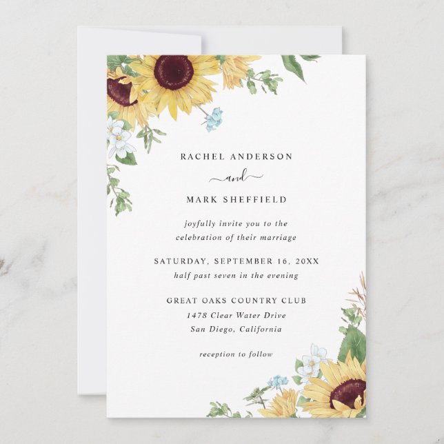 Elegante Sonnenblumen Wildblume Grüne Hochzeit Einladung (Vorderseite)