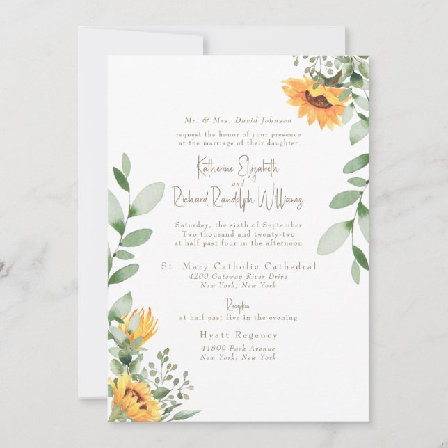 Elegante Sonnenblumenblätterung Gold Text Hochzeit Einladung (Vorderseite)