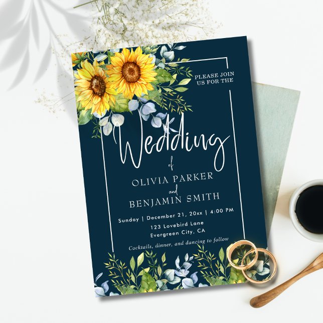 Elegante Sonnenblumenkalligrafie Navy Blue Wedding Einladung ( Elegant Sunflower Calligraphy Navy Blue Wedding Invitation )