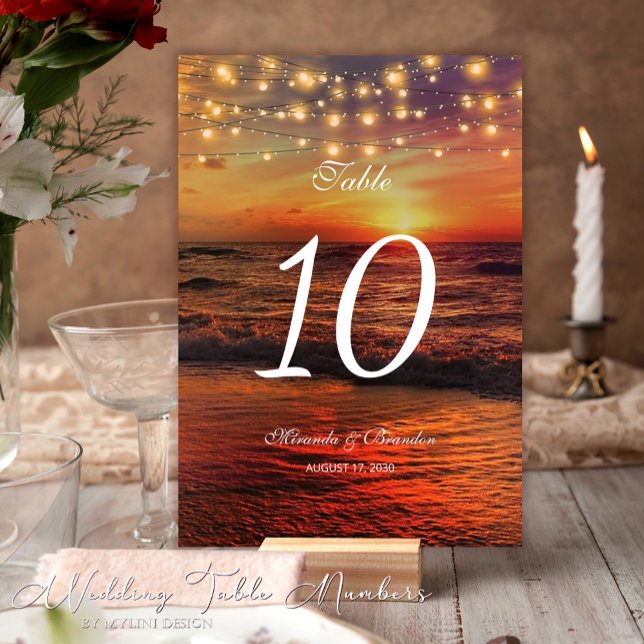 Elegante Sonnenuntergang Beach Lights Summer Weddi Tischnummer (Von Creator hochgeladen)