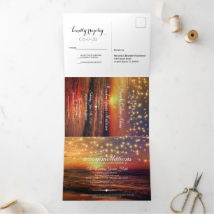 Elegante Sonnenuntergang Beach String Lights Somme Dreifach Gefaltete Einladung