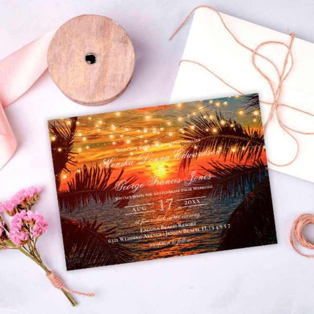 Elegante Sonnenuntergang, tropische Hochzeit Einladung (Von Creator hochgeladen)
