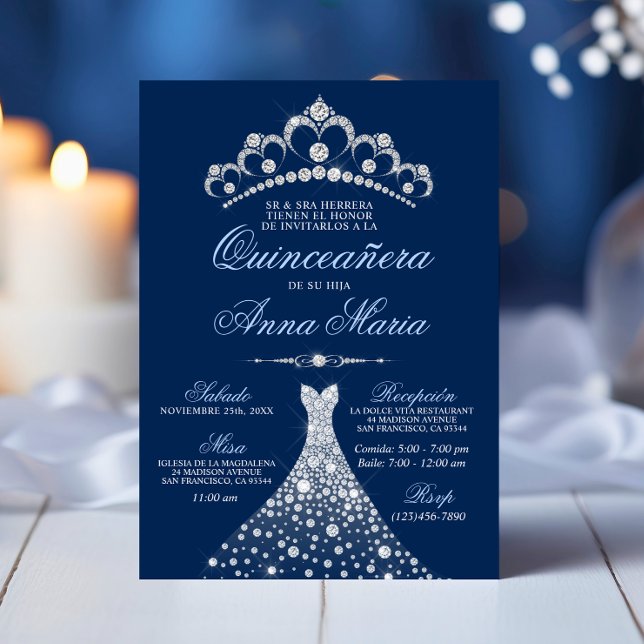 Elegante Spanisch Quinceañera Mis Quince Navy Blau Einladung (Elegant Spanish Quinceañera Mis Quince Navy Blue Invitation)
