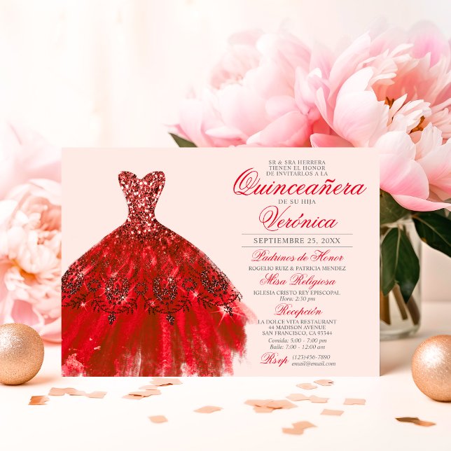 Elegante Spanische Quinceañera Mis Quince Rote Ros Einladung (Elegant Spanish Quinceañera Mis Quince RED roses Invitation)