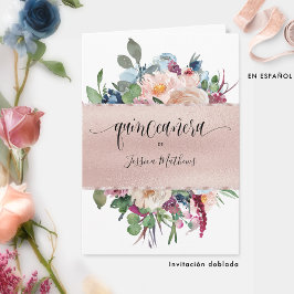 Elegante Spanische Rose Gold Quinceñera geklappt Einladung