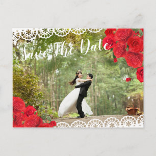 Elegante spanische Rose & Spitze Save The Date rot Ankündigungspostkarte