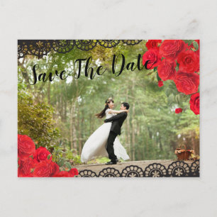 Elegante Spanische Rote Rose und Schwarz Save the  Ankündigungspostkarte