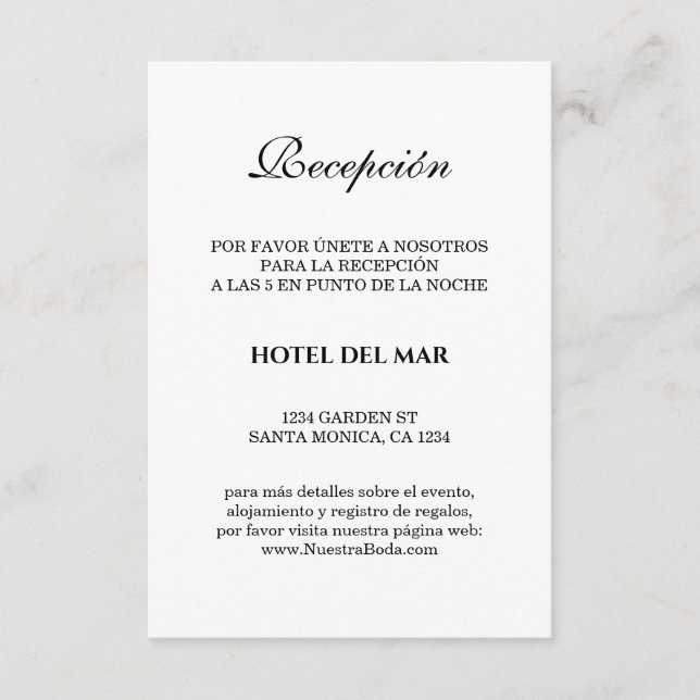 Elegante Spanish Bianco Y Negro Boda Details Begleitkarte (Vorderseite)