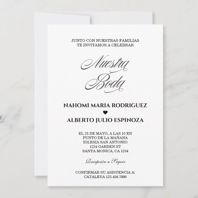 Elegante Spanish Bianco Y Negro Nuestra Boda Einladung (Vorderseite)