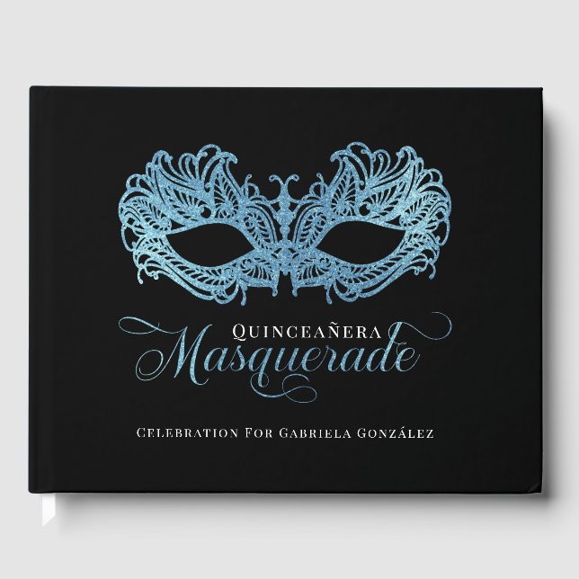 Elegante Sparkling Blue Masquerade Quinceanera Gästebuch (Vorderseite)