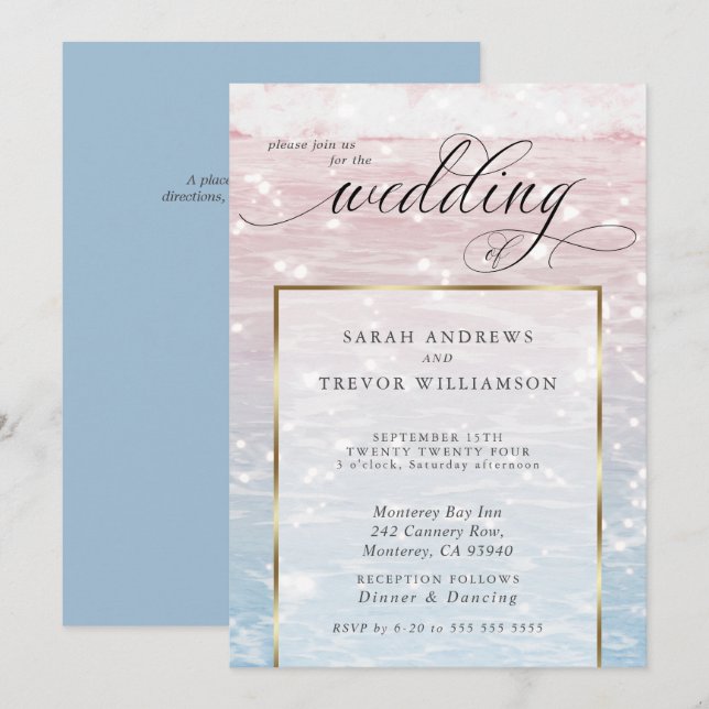 Elegante Sparkling Ocean Beach Wedding Einladung (Vorne/Hinten)