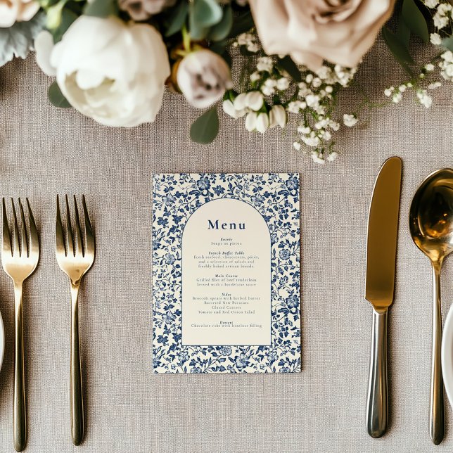 Elegante Speisekarte mit botanischen Themen, blau  Menükarte (Elegant deep blue delftware style botanical menu, classic and timeless celebration frame.)