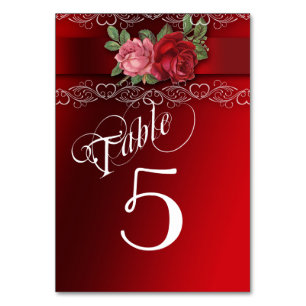 Elegante Spitze, rote und rosa Rosen, Tischnummer