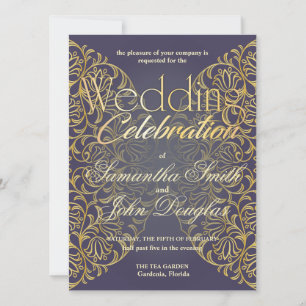 Elegante Spitzen Indigo & Gold Moderne Minimalisti Einladung
