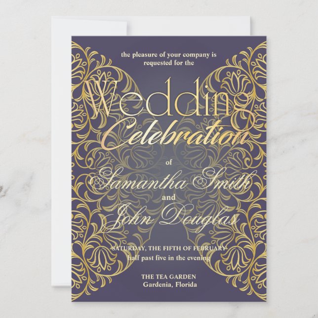 Elegante Spitzen Indigo & Gold Moderne Minimalisti Einladung (Vorderseite)
