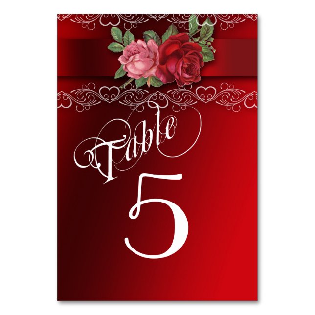 Elegante Spitzen, Rot und Rosa Rosen, Tischnummer (Vorderseite)