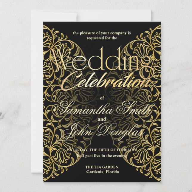 Elegante Spitzen Schwarz & Gold Moderne Minimalist Einladung (Vorderseite)