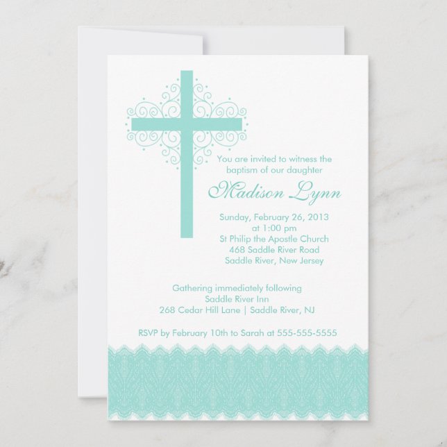 Elegante Spitzen-Taufe| Christenkreuz Einladung (Vorderseite)