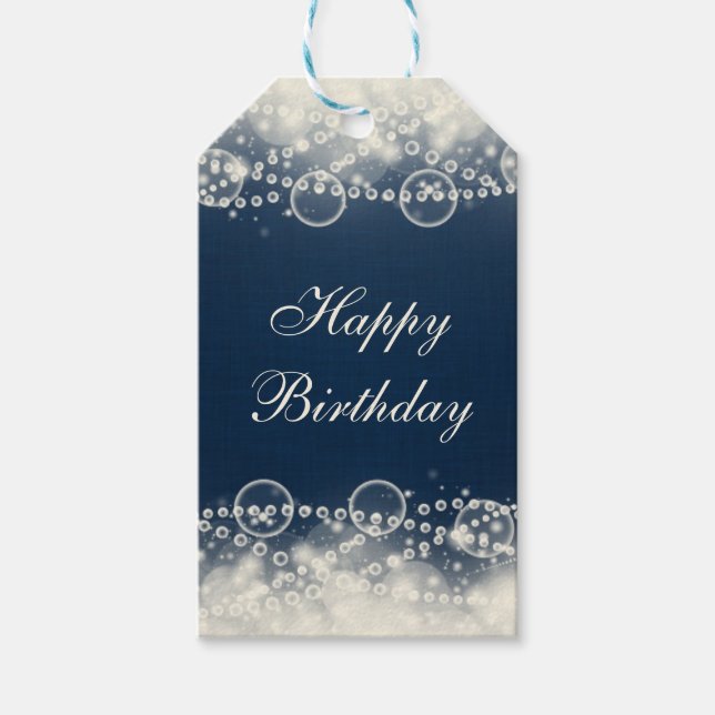 Elegante Spitzen und Perlen auf Blue Happy Birthda Geschenkanhänger (Vorderseite)