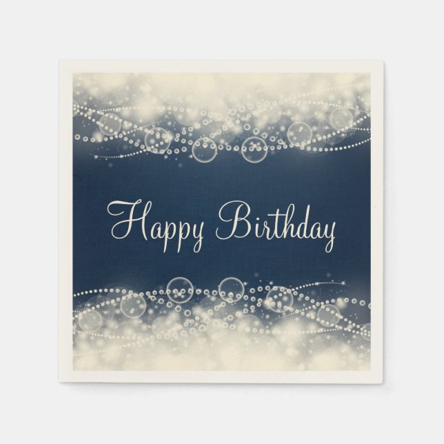 Elegante Spitzen und Perlen auf Blue Happy Birthda Serviette (Vorderseite)