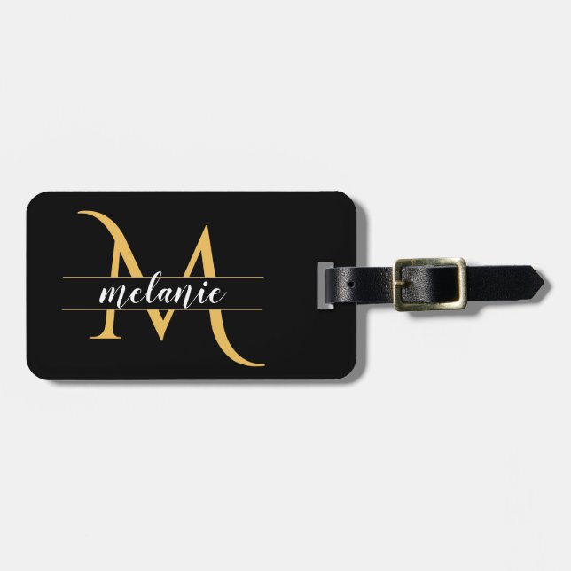 Elegante Split Monogram Gold Black Custom Address Gepäckanhänger (Vorderseite horizontal)