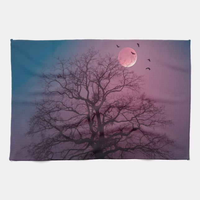 Elegante Spooky Halloween Themenbaum Mondwerk Geschirrtuch (Horizontal)