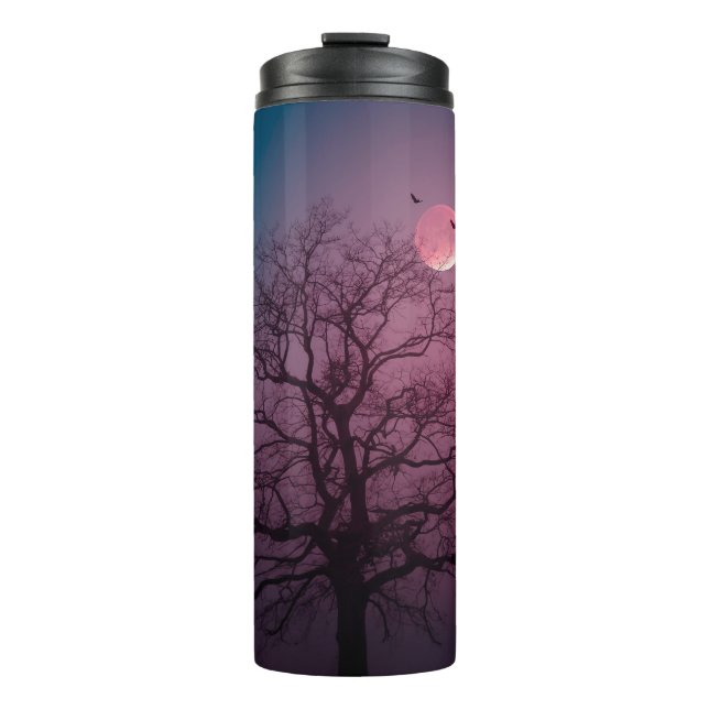 Elegante Spooky Halloween Themenbaum Mondwerk Thermosbecher (Vorderseite)