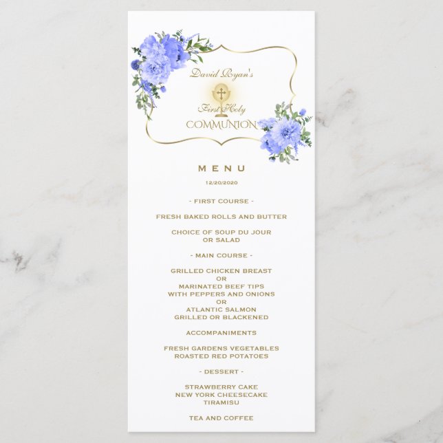 Elegante Spring Blue Floral Gold Heilige Kommunion Menükarte (Vorderseite)