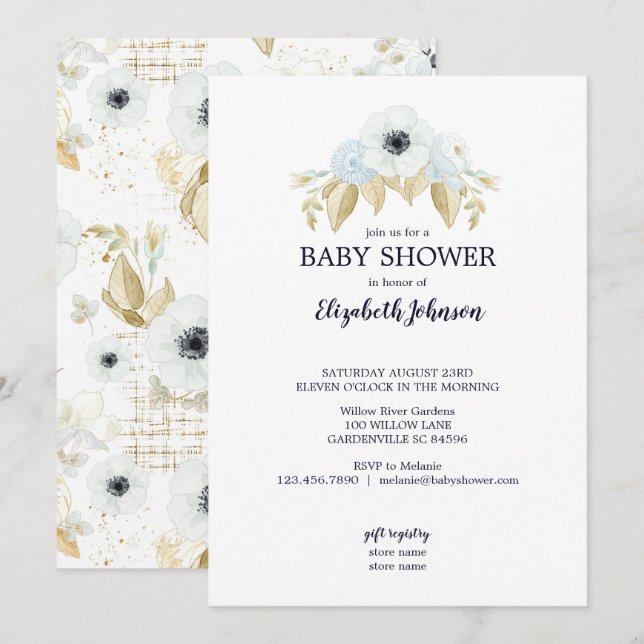 Elegante Spring Blue & White Floral Baby Dusche Einladung (Vorne/Hinten)