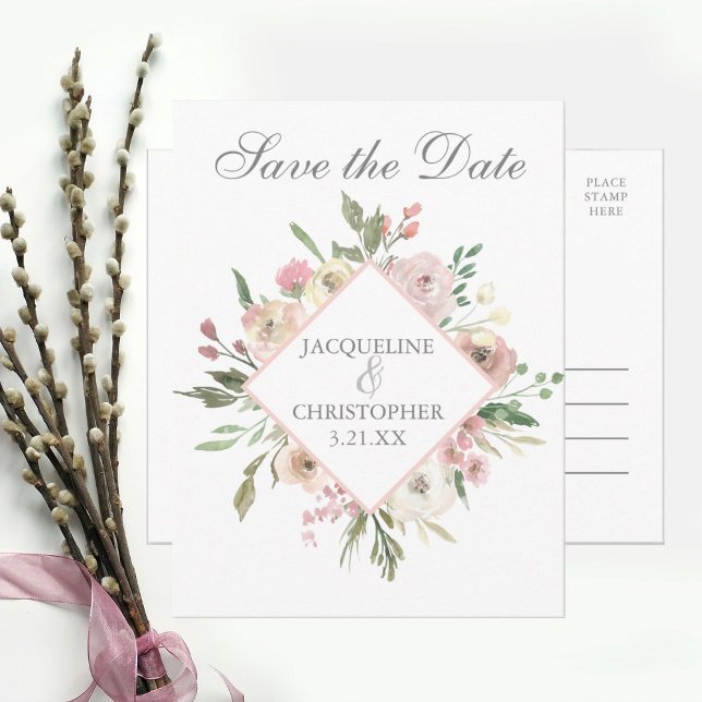 Elegante Spring Floral Blush Peony Wedding Ankündigungspostkarte (Von Creator hochgeladen)