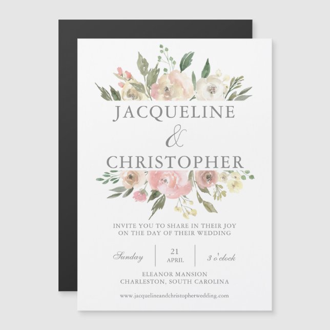 Elegante Spring Floral Blush Peony Wedding Magneteinladung (Vorne/Hinten)