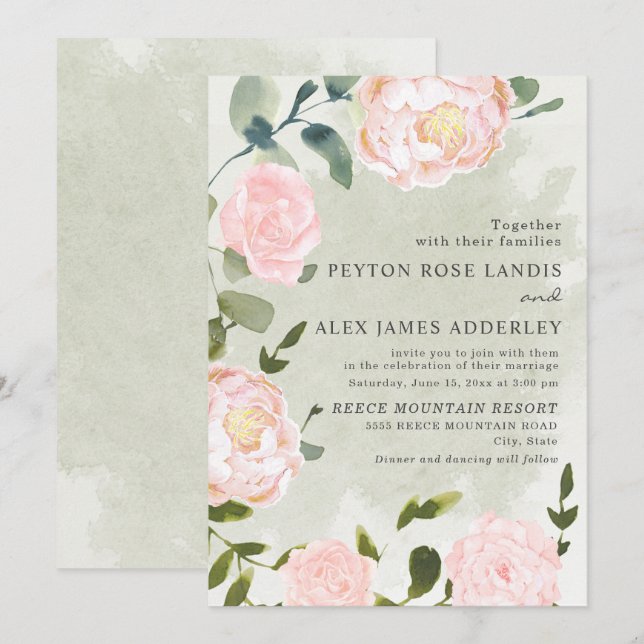 Elegante Springtime Blush Pink Bläserne Hochzeit Einladung (Vorne/Hinten)