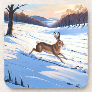 Elegante Sprünge des Hasen: Voller Winterfreude Getränkeuntersetzer