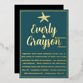 Elegante Starfish Aquamarin und Gold Beach Wedding Folieneinladung