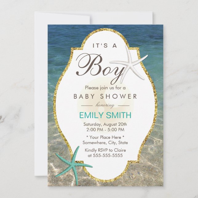 Elegante Starfish Tropical Beach Boy Baby Dusche Einladung (Vorderseite)