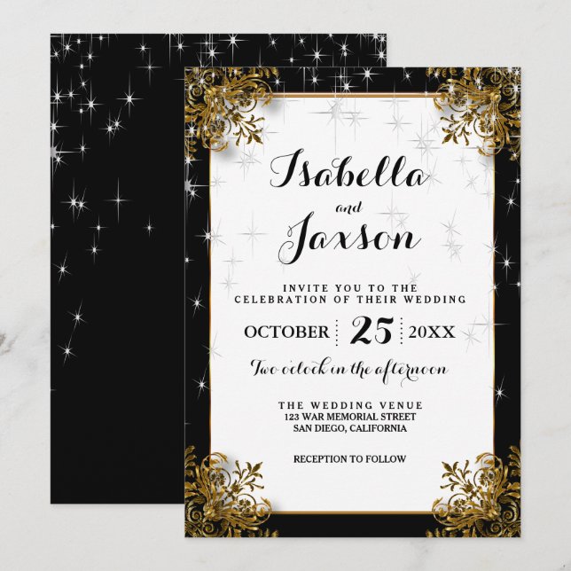 Elegante Starry Night Wedding in Black and Gold Einladung (Vorne/Hinten)