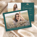 Elegante Stars Rose Gold Quinceñera 2 Foto Grün Save The Date<br><div class="desc">Teilen Sie die freudige Nachricht von einer bevorstehenden Quinceañera Feier mit schicken modernen 2 Foto Save the Date Einladungen. Die Bilder und alle Formulierungen auf dieser Vorlage sind einfach zu personalisieren. Die Farben und Stile des Schriftartes lassen sich mit dem Zazzle Design Editor Tool einfach anpassen. Das Waldgrün und die...</div>
