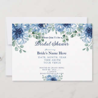 Elegante staubblaue Aquarell-Blumen-Hochzeitsdusch Einladung