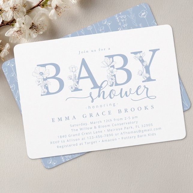 Elegante staubblaue Blumen-Babyshower-Typografie Einladung (Dusty Blue Baby Shower Invite)