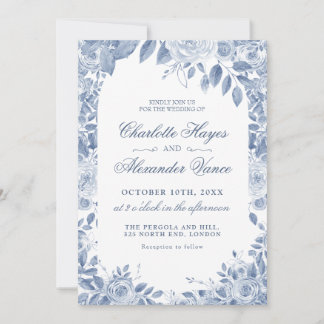 Elegante staubblaue Blumen-Hochzeitseinladung zum  Einladung