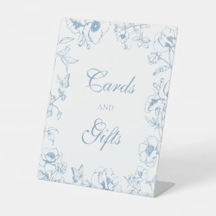 Elegante staubblaue Blumen-Hochzeitskarten-Geschen Sockelschild